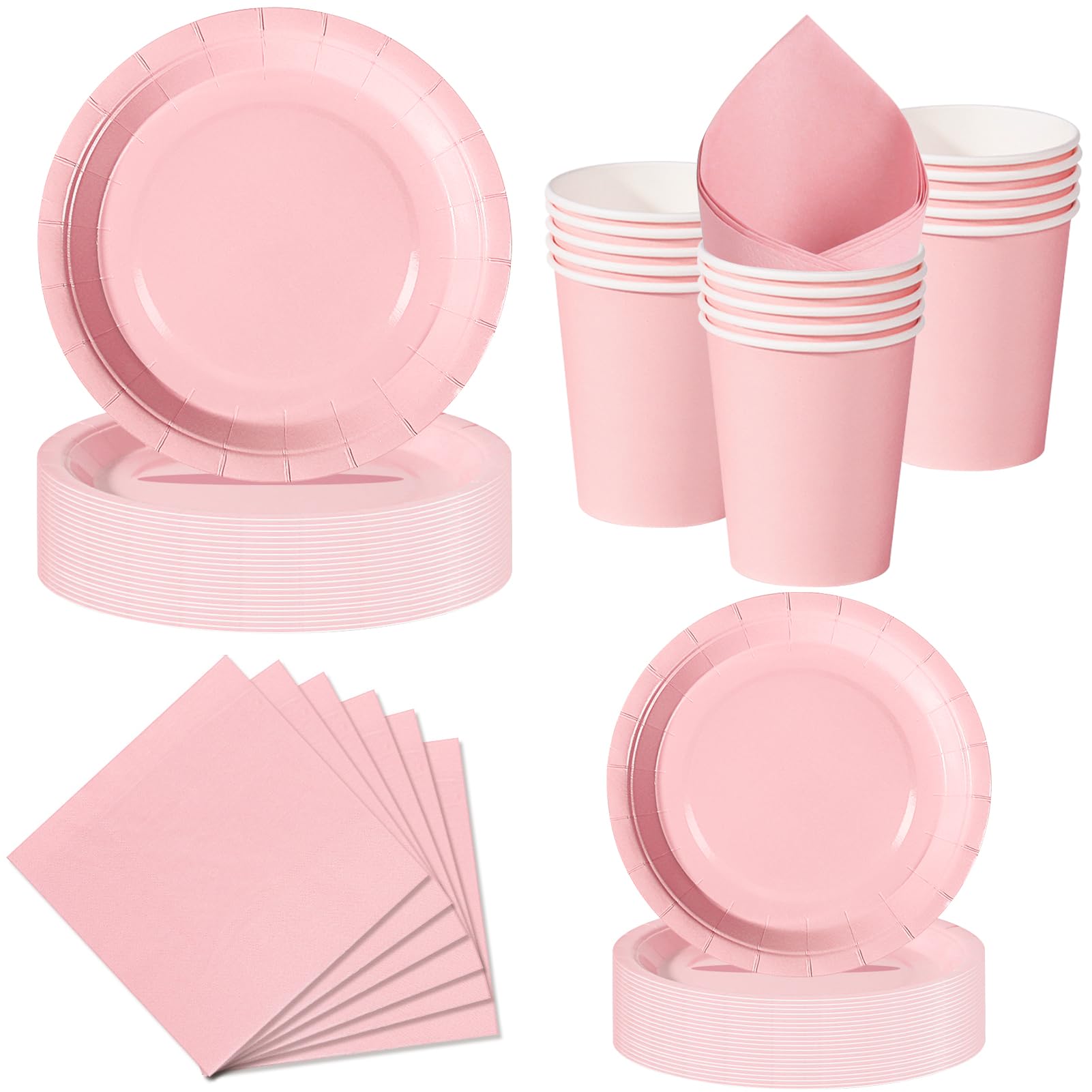 Nkaiso Party Plates Cups and Napkins Set, 50 Piece Light Pink Party Tableware, Disposable Paper Plates Cups Napkins for Birthday BBQ Picnic Dinnerware Party Supplies