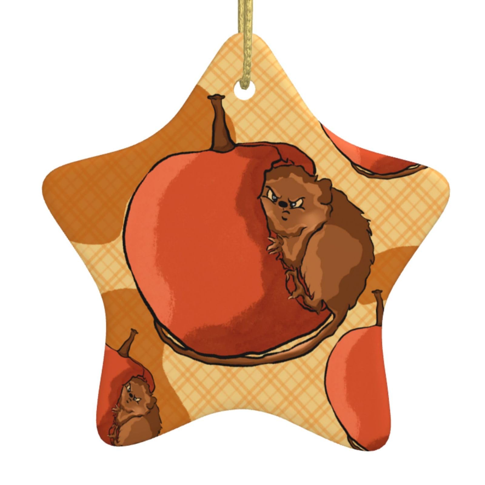 Cute Little Hamster Christmas Ceramic Star Pendant with Punched Holes and Gold Wire Rope, Christmas Tree Home Decoration