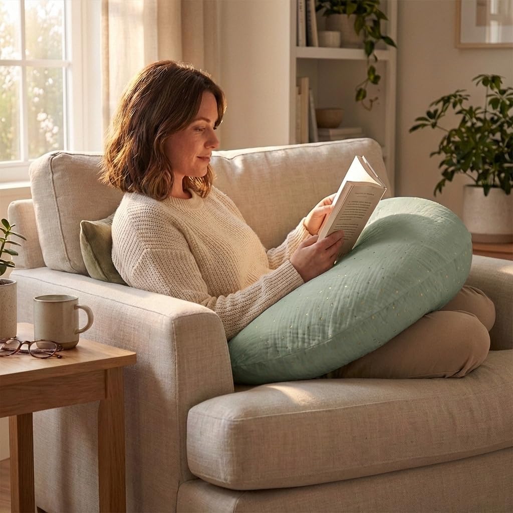 Babysom - Coussin de Maternité 3 en 1 : Grossesse, Allaitement & Repos Bébé - Housse en Double Gaze de Coton Premium - Déhoussable et Lavable - Microfibres Silencieuses - Design Élégant Vert - XXL