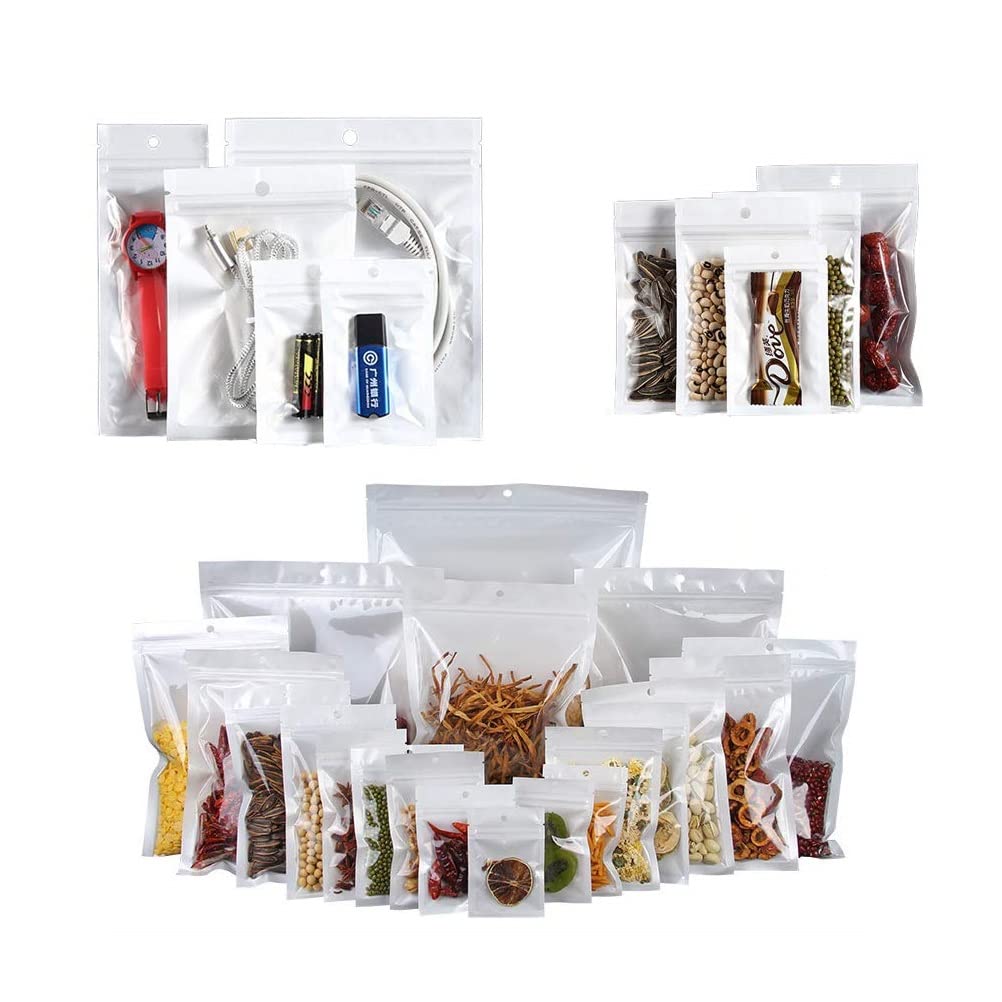 FEMININO50 Zip lock Self Seal Plastic Bags White and Transparent Clear front with Hanging Hole (High Thickness, 25X35 (50))