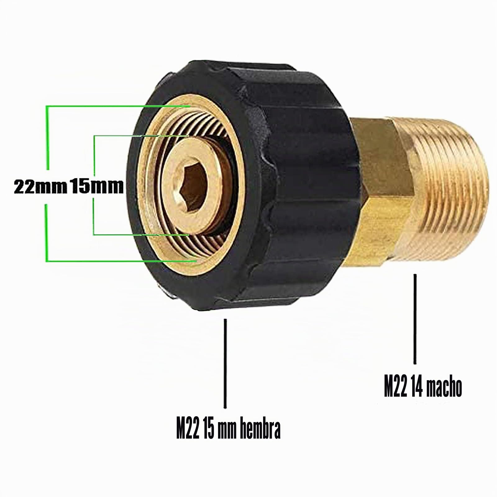 Stone Banks - Acoplador de arandela a presión de latón, métrico M22 x 15 mm Hembra Convertido a Conector Macho de Rosca M22 x 14 mm de conexión rápida, Adaptador de arandela de presión