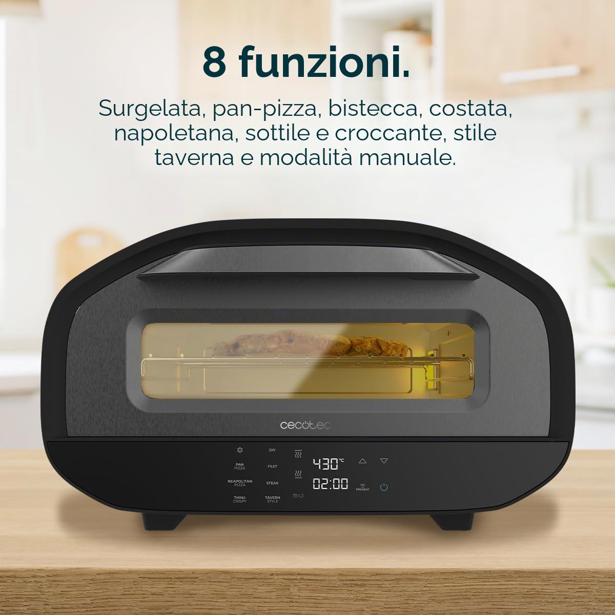 Cecotec Forno Elettrico per Pizza con Finestra Pizza&Co Tifosi. 1700W, Capacità 12 Litri, Controllo Digitale, Acciaio Rivestito, 8 Funzioni, Timer, Temperatura 80°C - 430°C, Luce Interna