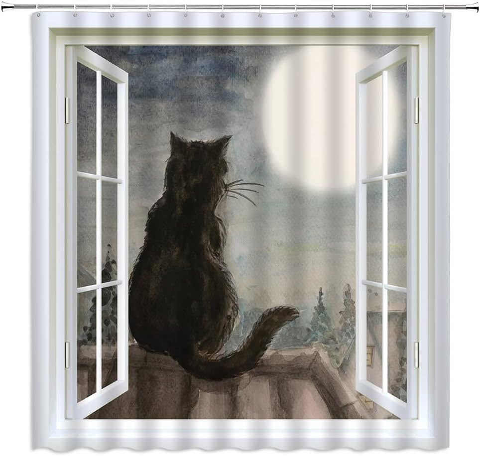 4pcs Black Cat Shower Curtain Set with Rug Moon Night Animal Kitty Staring at The Moon Abstract Watercolor Art Oil Painting Bathroom Set with Hooks(Bath Mat,U Shape and Toilet Lid Cover Mat)