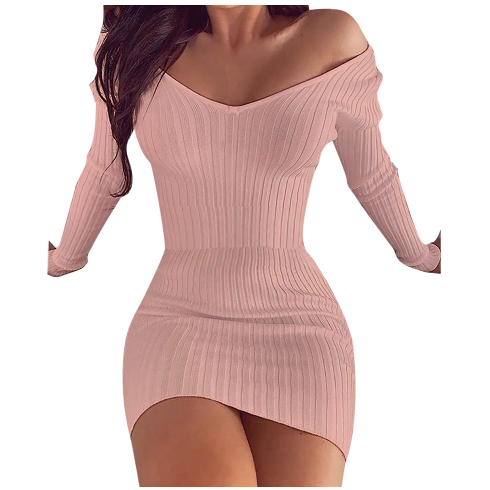 AMhomelyWomen Dresses Sale,Fashion Ladies Sexy Solid V-Neck Long-Sleeved Sheath Tight Mini Dress UK Size Party Elgant Dresses Clearance Work Dress Office Dressing Pink