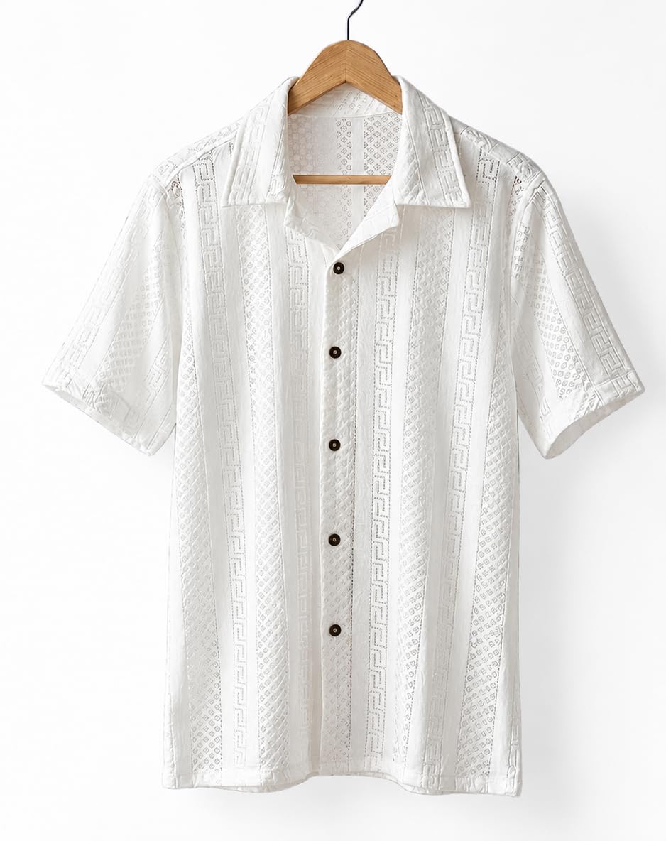 toughtees Men's Short Sleeve Button-Up Shirt, White, Textured Geometric Pattern, Camp Collar-picture-49