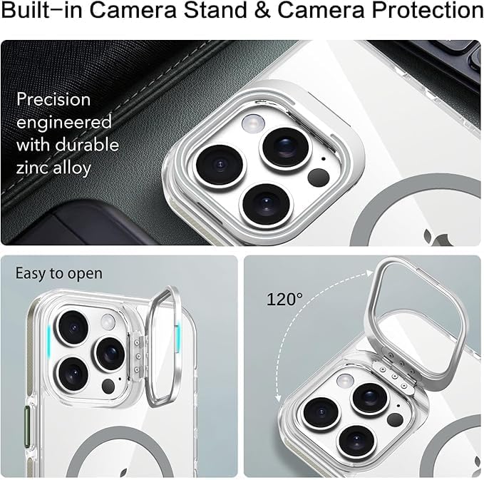 Image of VONZEE Classic Series iPhone 16 Pro Case Compatible with MagSafe Built-in Camera Stand Phone Cover Transparent Military-Grade Protective Drop Protection Non Yellowing Hard PC +TPU, Desert Titanium