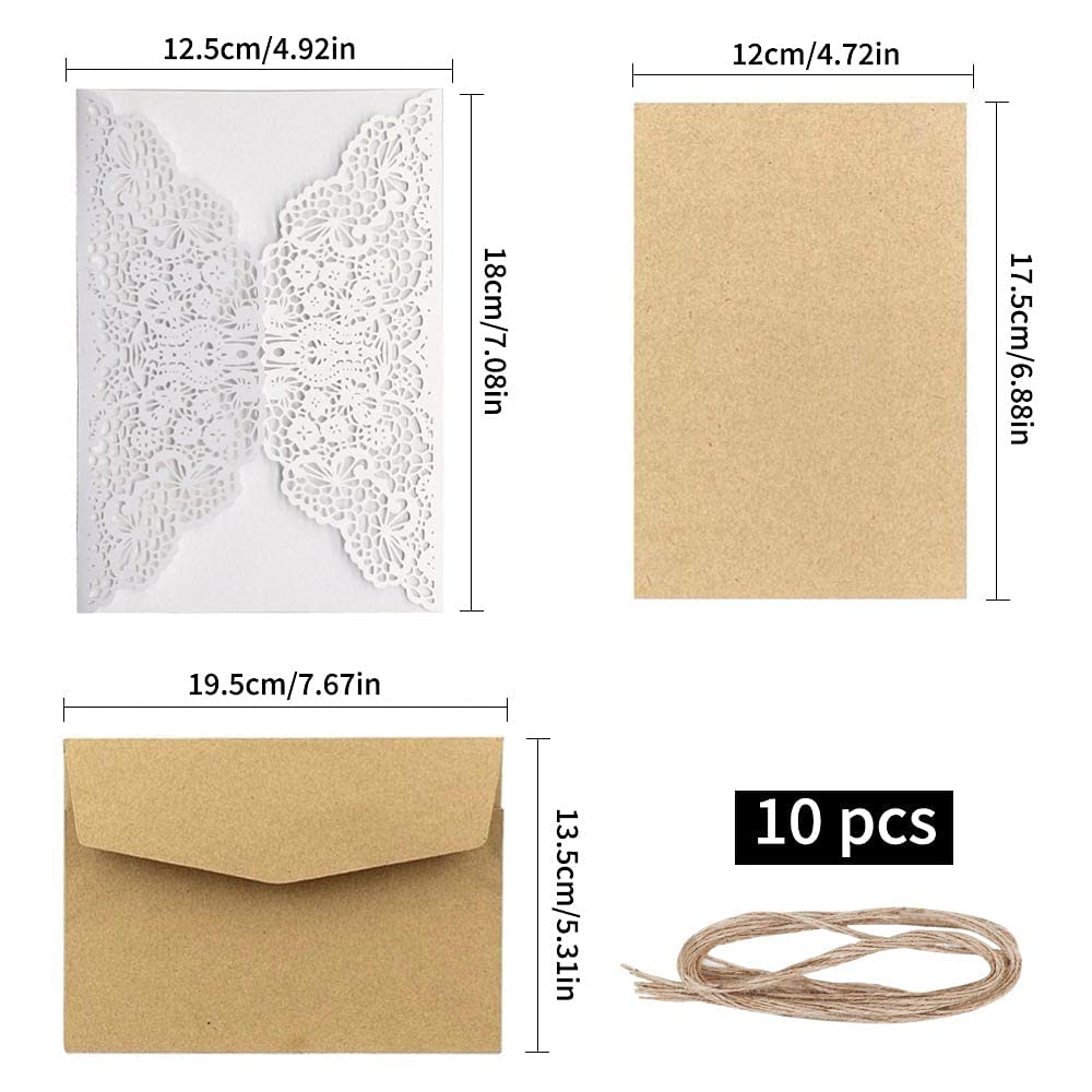 carti di Inviti per nozze 10 pezzi,biglietti per inviti per feste Biglietti d'auguri con pizzo tagliato a laser retrò Carta kraft Pagina interna per fidanzamento Matrimonio Compleanno Natale