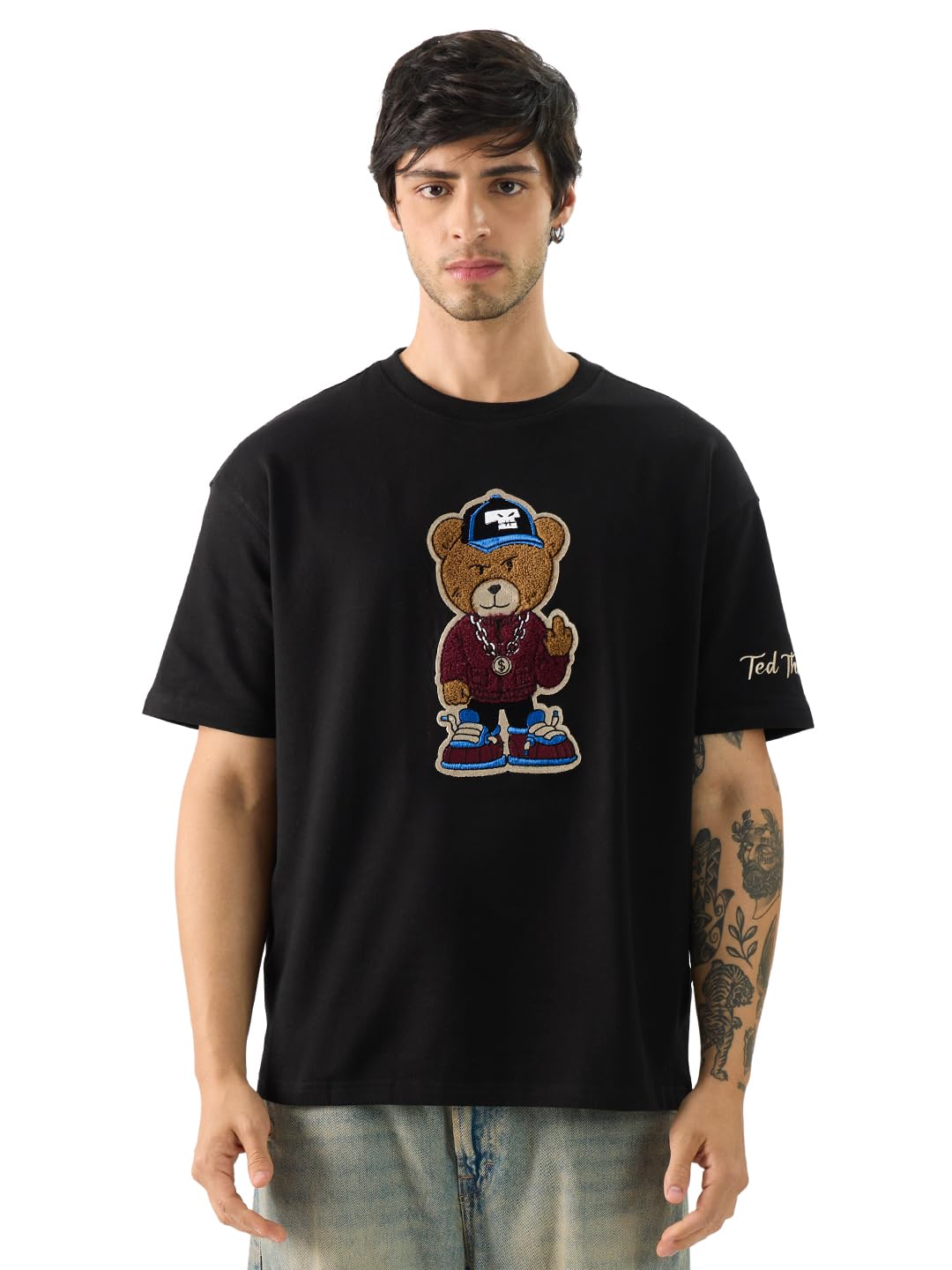 The Souled Store Ted The Stoner męski i chłopięcy bawełniany t-shirt z krótkim rękawem, okrągły dekolt, czarny