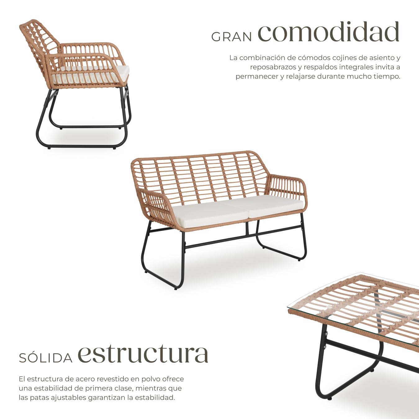 tectake® Juego de 4 Piezas de Polirratán, 1 Banco Jardín Cap. Carga: 250 Kg, 2 Sillas Cap. Carga: 120 Kg 1 Mesa con Tablero de Cristal de Seguridad, Resistente a Intemperie, Patas Atornillables