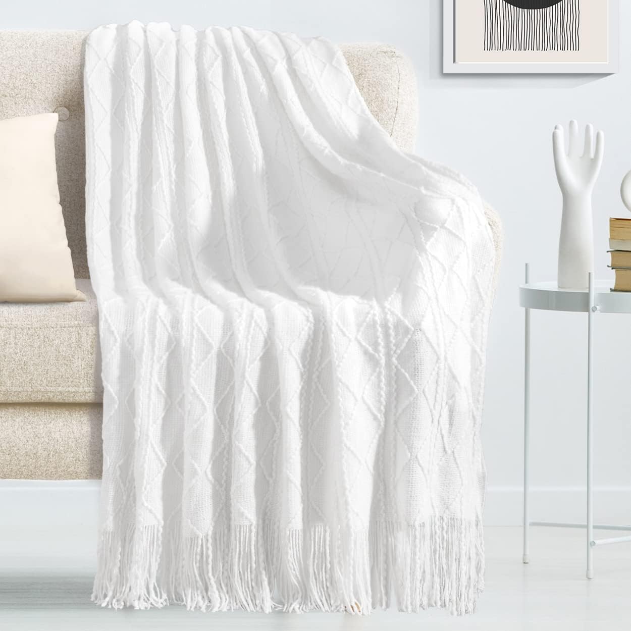 Lucian Knitted Throw Blankets White, Decorative Textured Cozy Throw, Lightweight Woven Blanket with Tassels for Couch, Bed, Sofa,Travel 50"*60",Suitable for Women Men and Kids