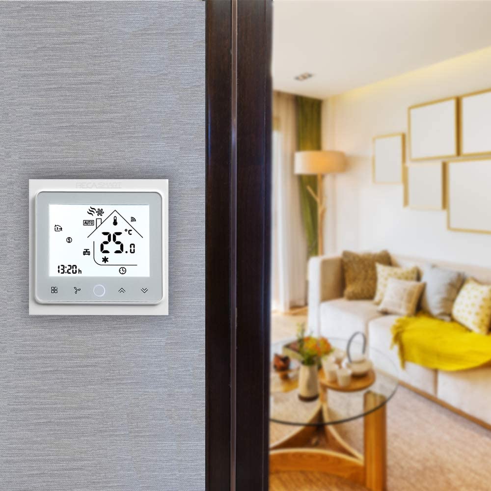 Series 002 Termostato Wi-Fi Pantalla Táctil Termostato de Sala Dos Tubos para Aire Acondicionado Fan Coil con Conexión WiFi para Soporte Voz Inteligente (Blanco)