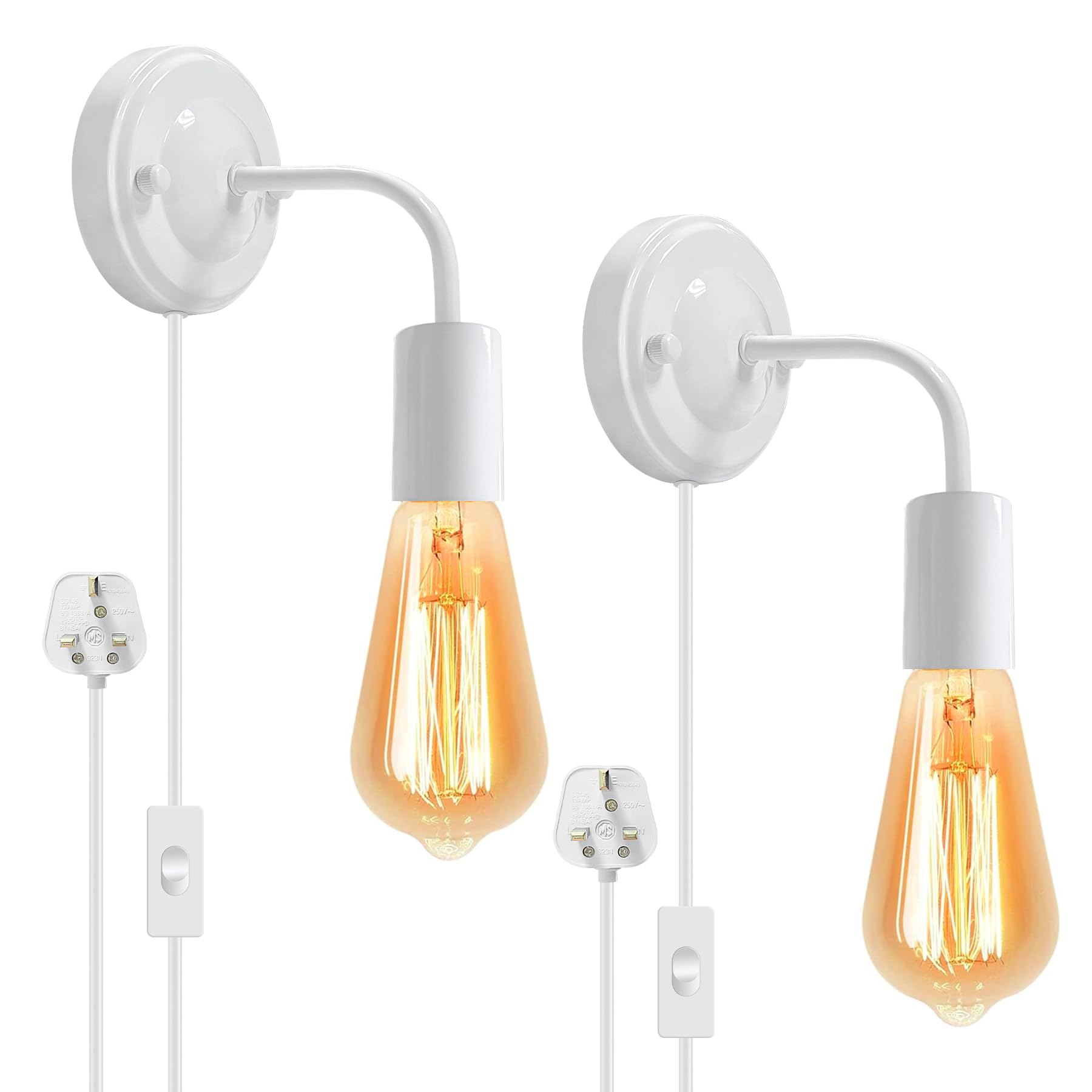 LQUNFYL 2 Pack Plug in Wall Lights for Bedroom with Switch and 180CM Cable, E27 Lamp Holder, Plug in Bedside Wall Light
