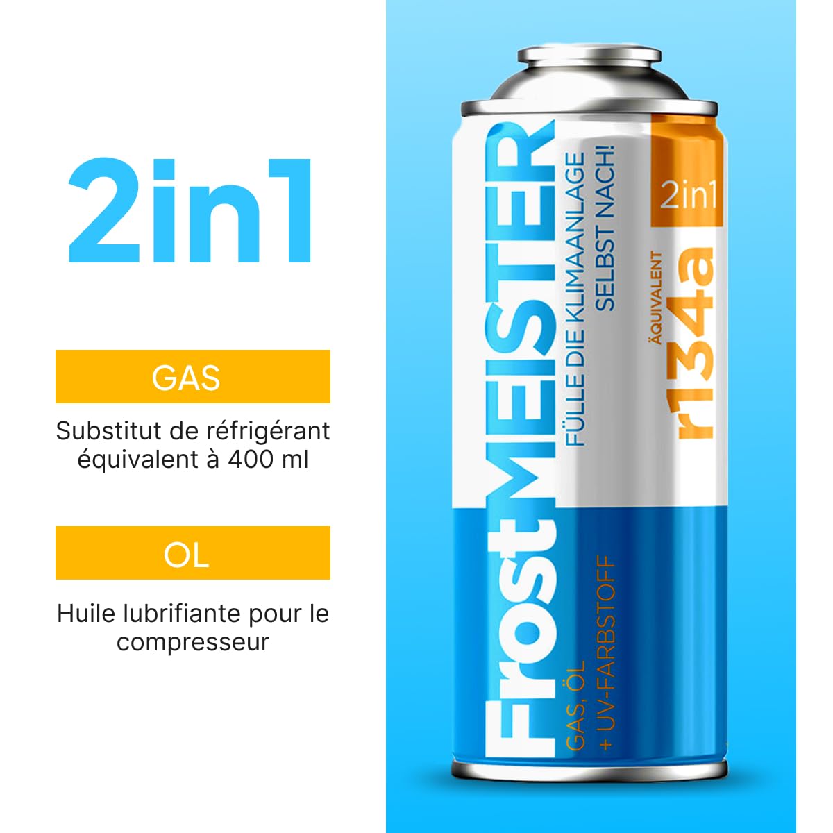2 en 1 – Kit de recarga de aire acondicionado para coche, 2 × 400 ml, incluye manguera manómetro– Aplicación rápida, fácil y respetuosa con el medio ambiente (R134a, 1995-2016)