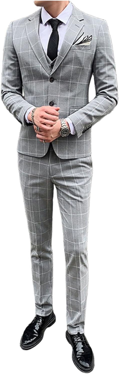 Men's Checked Suit Three Pieces Plaid Notch Lapel Single Breasted Button Jacket Vest Pants for Formal