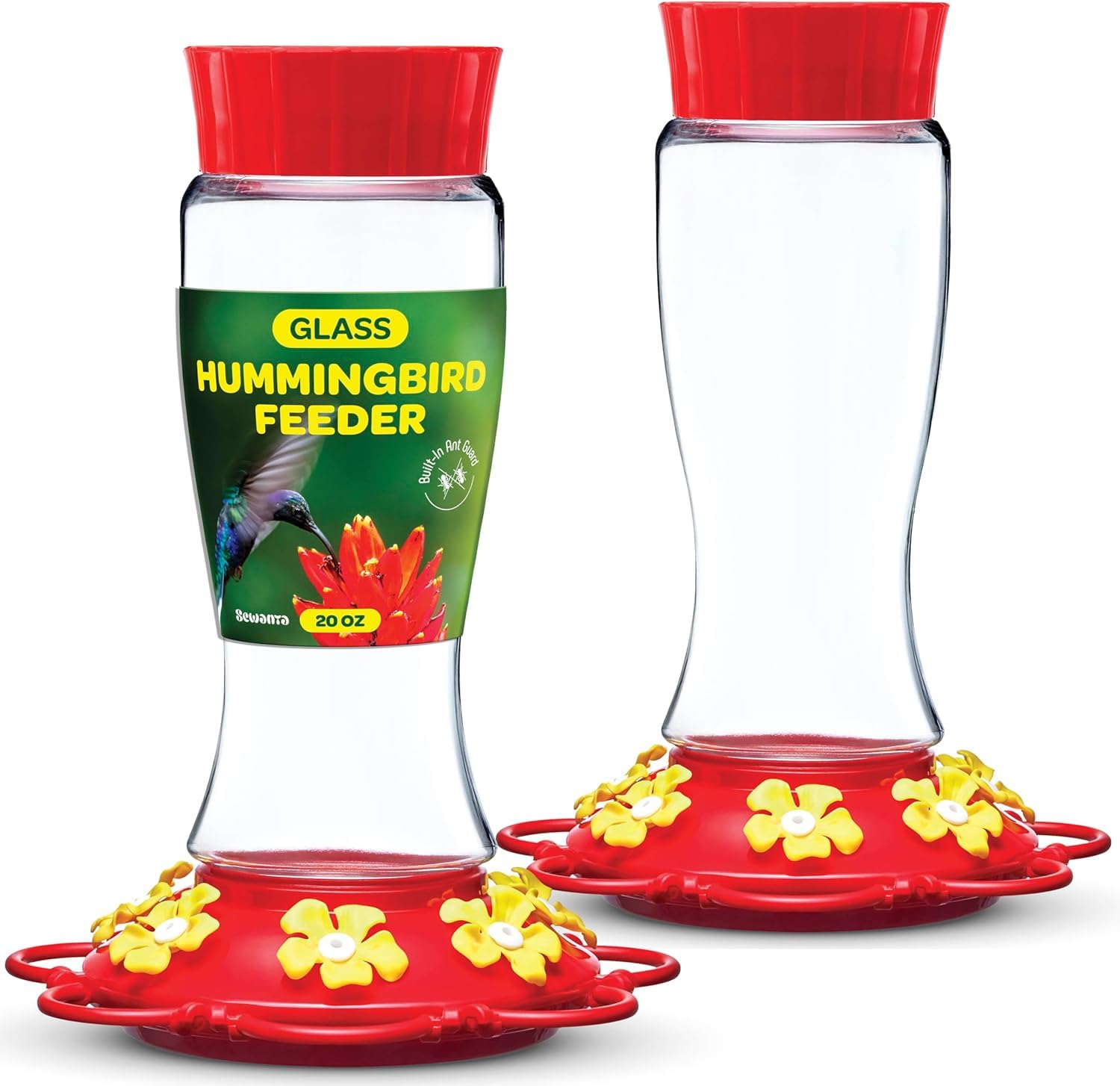 hummingbird feeder 20 oz. [2 pack] plastic hummingbird feeders for outdoors - with built-in ant guard - circular perch with 7 feeding ports - wide mouth for easy filling/2 part base for easy cleaning