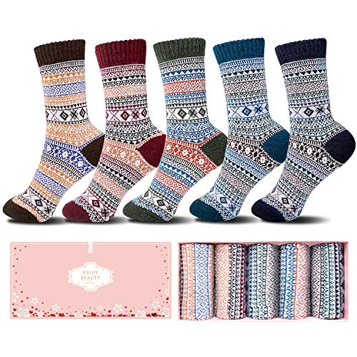 Womens Wool Socks 5 Pack Thick Knit Vintage Winter Warm Cozy Crew Socks Gifts Multicolor With Box (Multicolor-D)