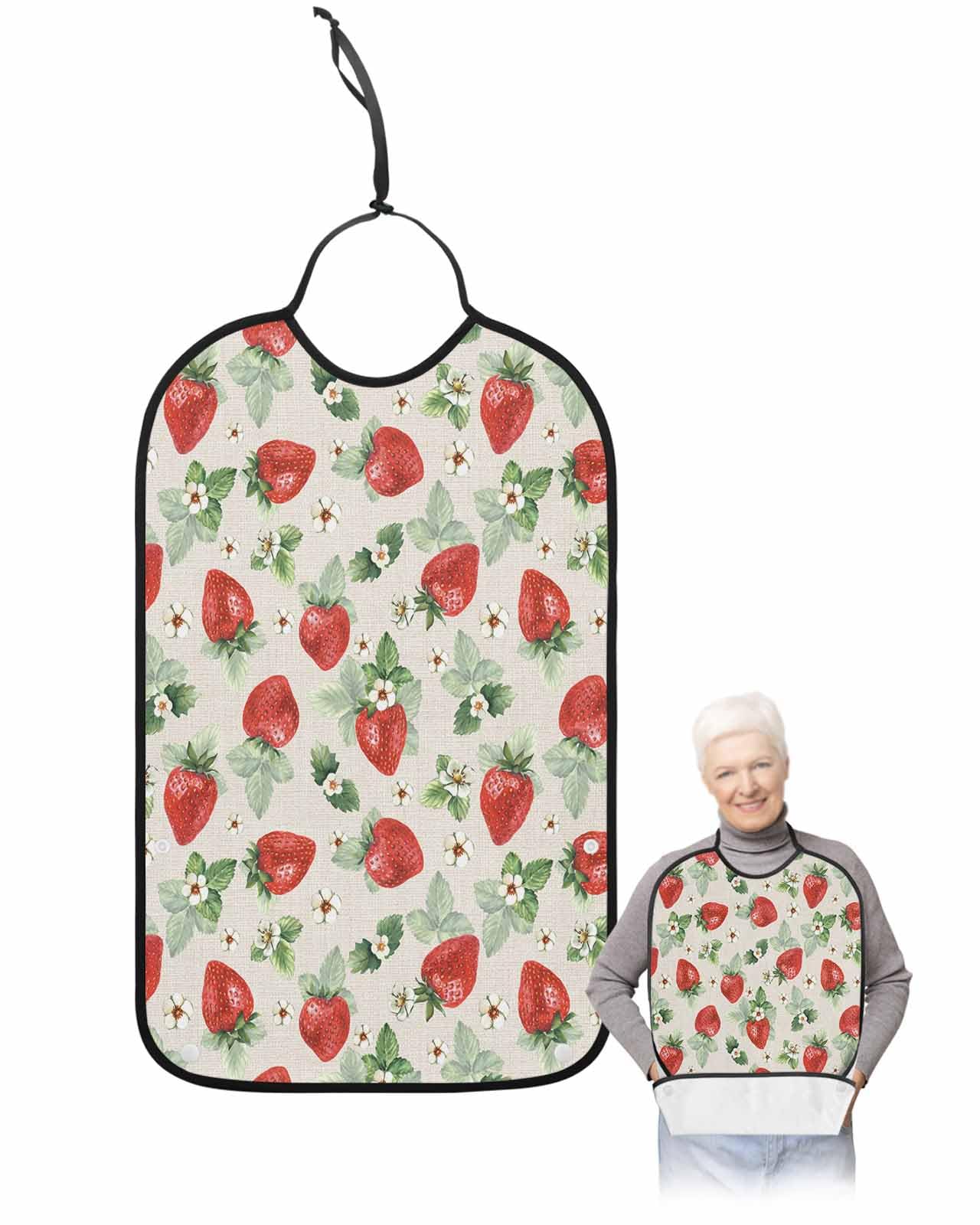 LEOKOTI Strawberry Adult Bibs for Eating, Waterproof Bibs with Food Catcher & Adjustable Snap Closure, Spring Floral Summer Botanical Green Rustic Washable Clothing Protectors Adult Bibs for Elderly