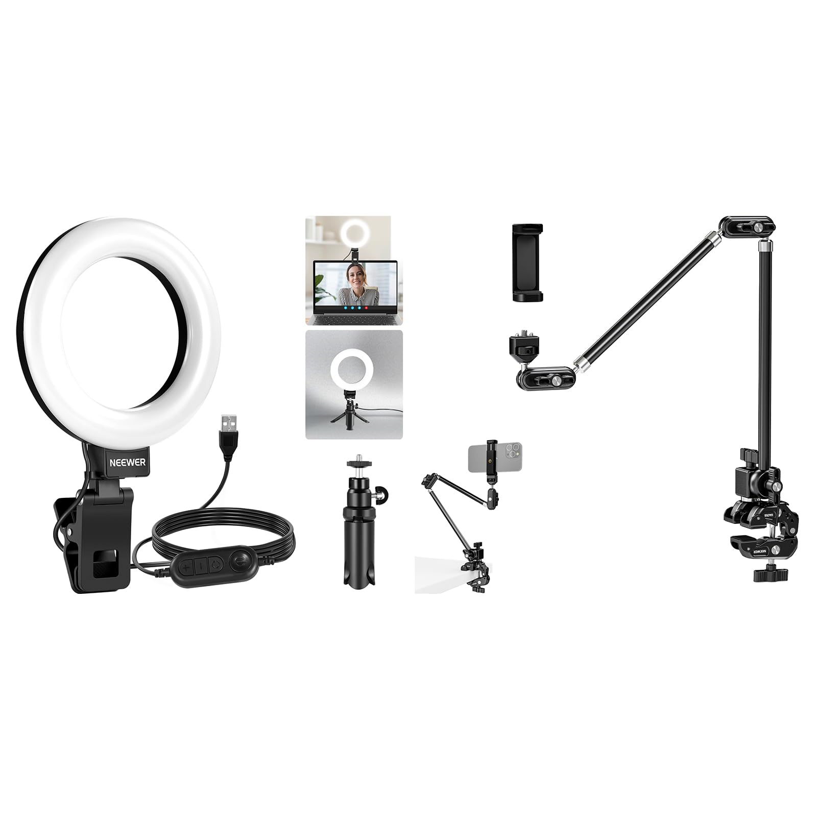 NEEWER BR60 Basic 5" Ring Light with Clip & Tripod, 10W Dimmable Clip on Light for Laptop Computer Monitor Conference Vlog Live Streaming Video Recording, UA056 30" Articulating Magic Arm Included