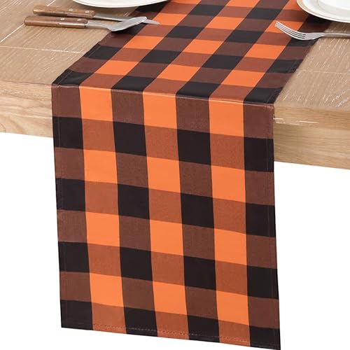 Miniatura 3 de MLMW Paquete de 2 caminos de mesa a cuadros de búfalo de Halloween de 12 x 108 pulgadas, camino de mesa de satén a cuadros naranja y negro para