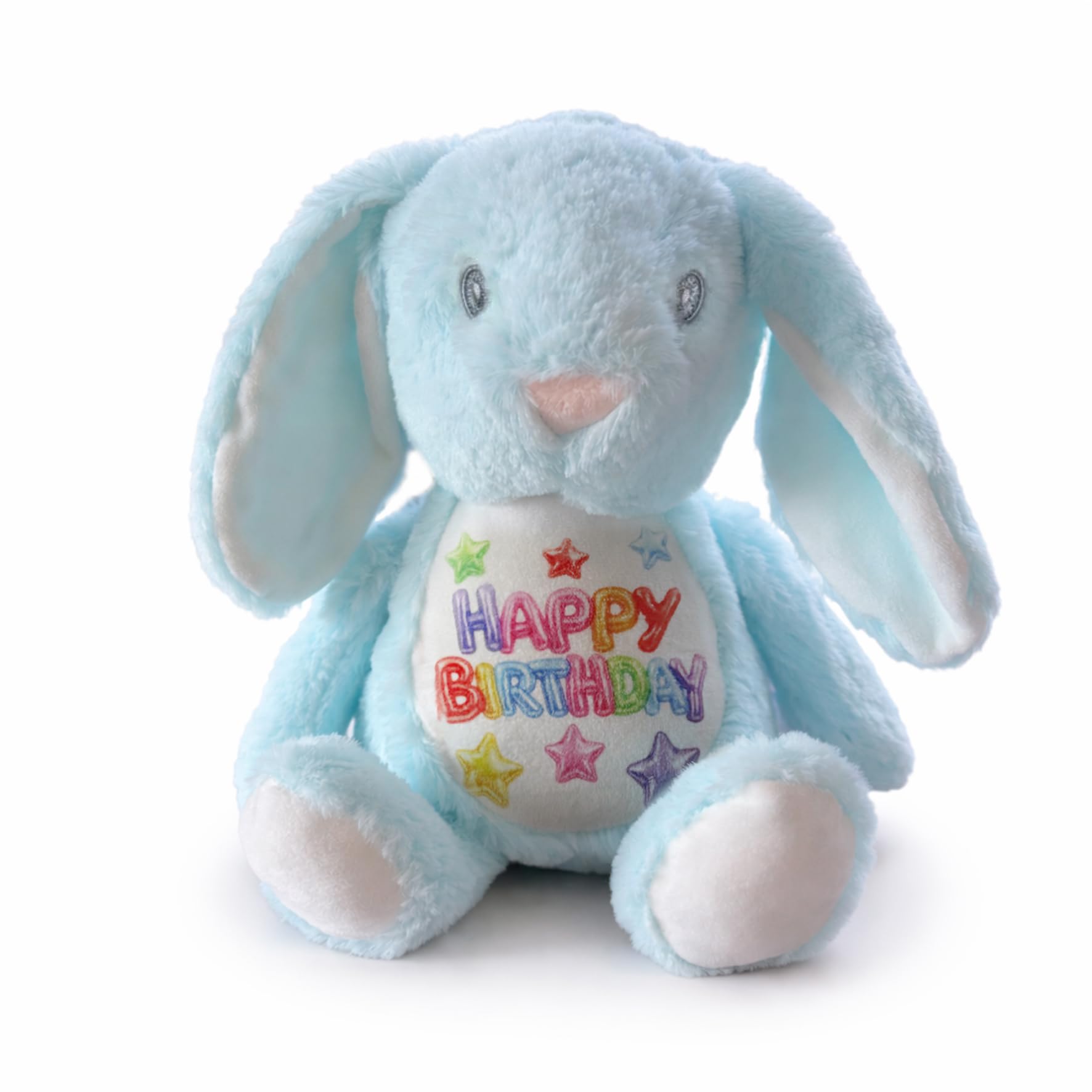 Silly Dog Designs - Birthday Bunny Plush - Personalised or Standard Soft Toy - “Happy Birthday” Teddy Gift for Kids - Custom Name Option - 4 Colours Blue Pink White Brown (Blue Bunny – Standard)