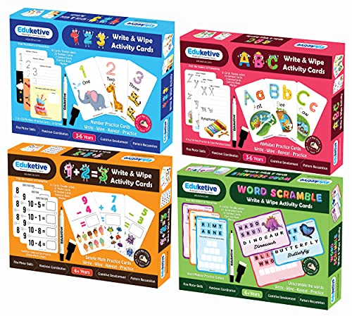 Image of (Combo of 4) Numbers+PREMATH+Letters+Words Write & Wipe Reusable Activities Educational Games with Exercise Book