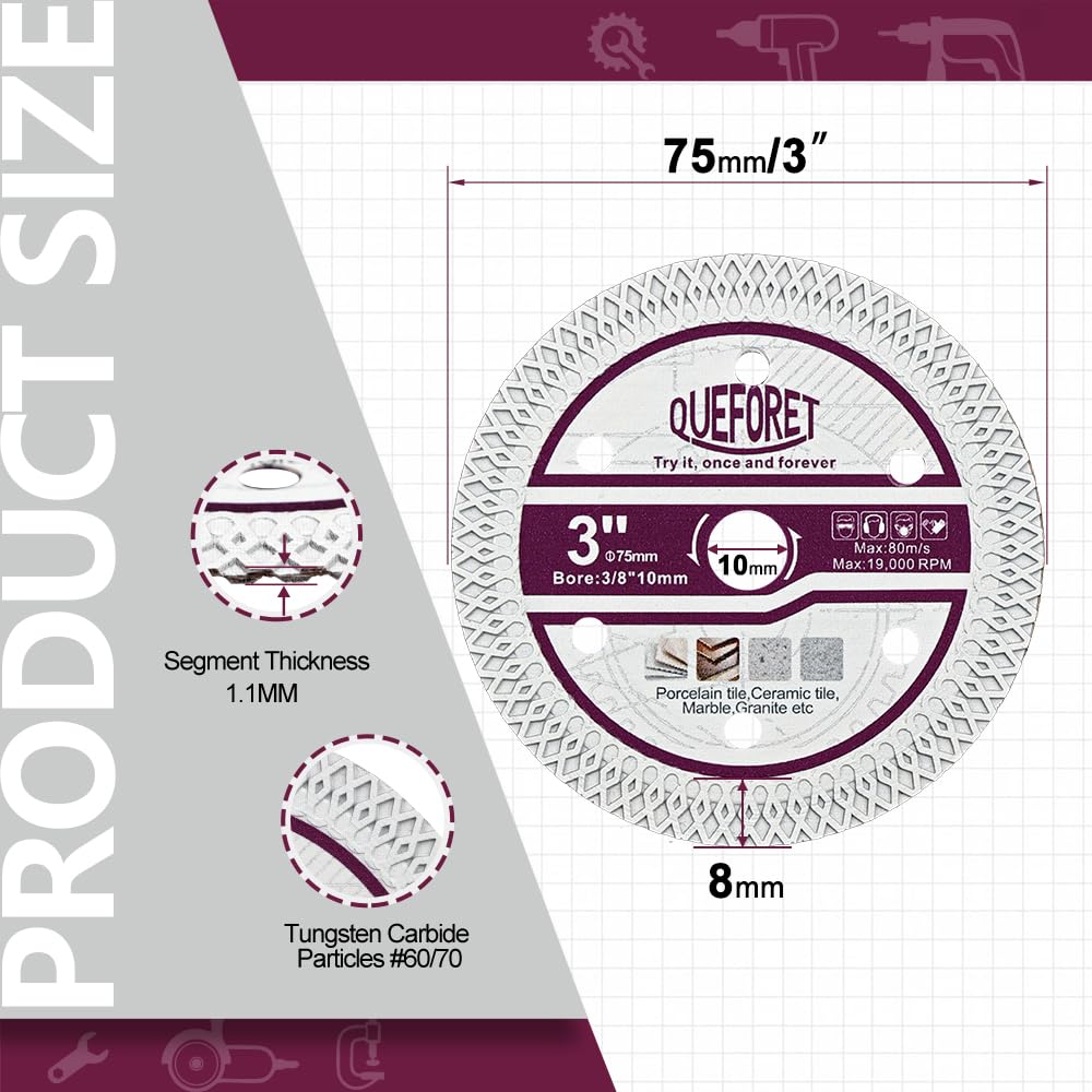QUEFORET 75mm Diamond Tile Saw Blades - 4pcs Cutting Discs for Porcelain Ceramic Tile Marble Artificial Stone, with 10mm Arbor - Image 2