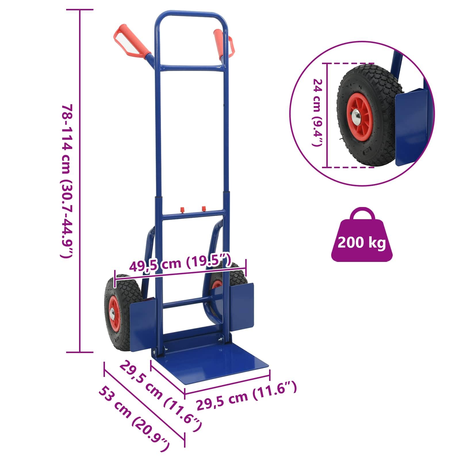 Erweiterbarer Handwagen aus Stahl Blau und Rot 49,5 x 53 x 114 cm mit pneumatischen Gummirädern, verstellbarem Griff, Schutzblech für Transport, Sackkarre, Rollwagen, Plattformwagen
