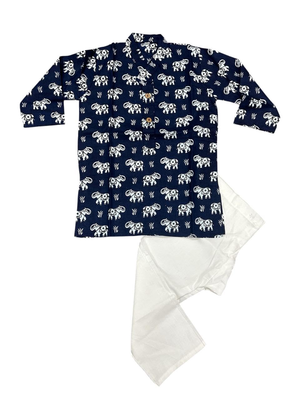 NiAK Boys Traditional Cotton Kurta Pyjama Set, Navy Blue with White Elephant Print, Three-Quarter Sleeves, 2-Piece Ethnic Wear for Kids (1-2 Years)