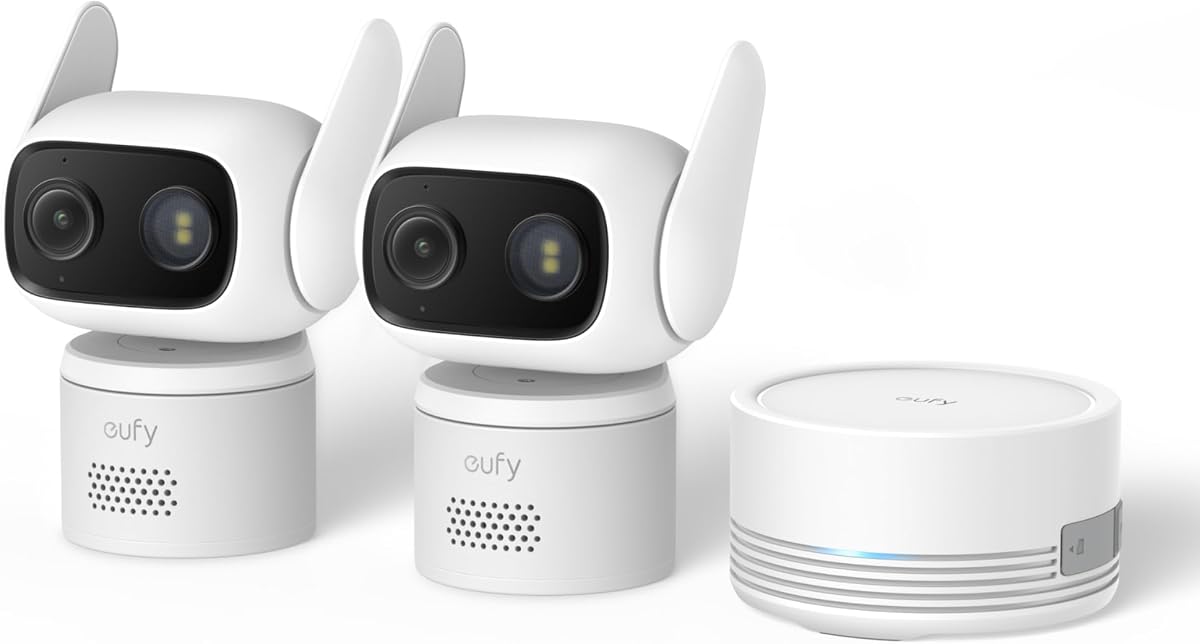 Cámara para interiores y exteriores C31, paquete de 2 con HomeBase Mini (64 GB | IP66, visión nocturna en color sin focos, giro e inclinación de 360°, seguimiento automático, detección de humanos/automóvil/mascotas/llanto, grabación 24 horas al día, 7 días a la semana