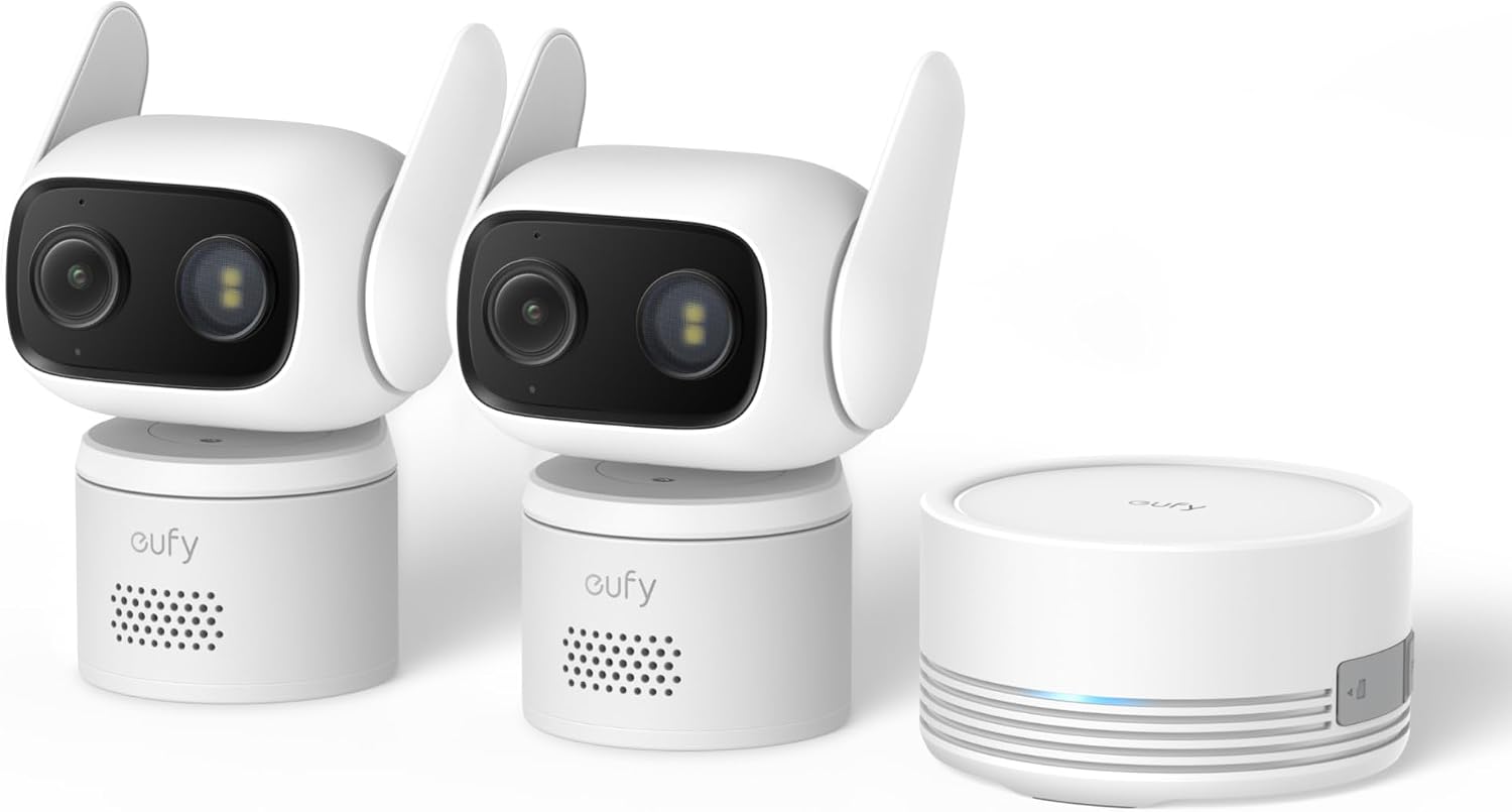 eufy Security Wired Cam C31 2-Cam Kit, Indoor/Outdoor Camera, IP66, 360° Coverage w/Pan&Tilt, 24/7 Recording, Auto Tracking, No Subscription, Color Night Vision, AI Human/Vehicle/Pet/Cry Detection