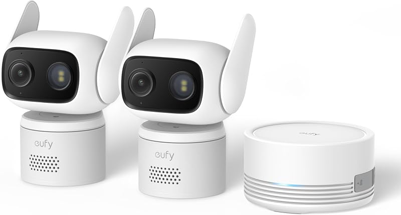 Cámara para interiores y exteriores C31, paquete de 2 con HomeBase Mini (64 GB | IP66, visión nocturna en color sin focos, giro e inclinación de 360°, seguimiento automático, detección de humanos/automóvil/mascotas/llanto, grabación 24 horas al día, 7 días a la semana