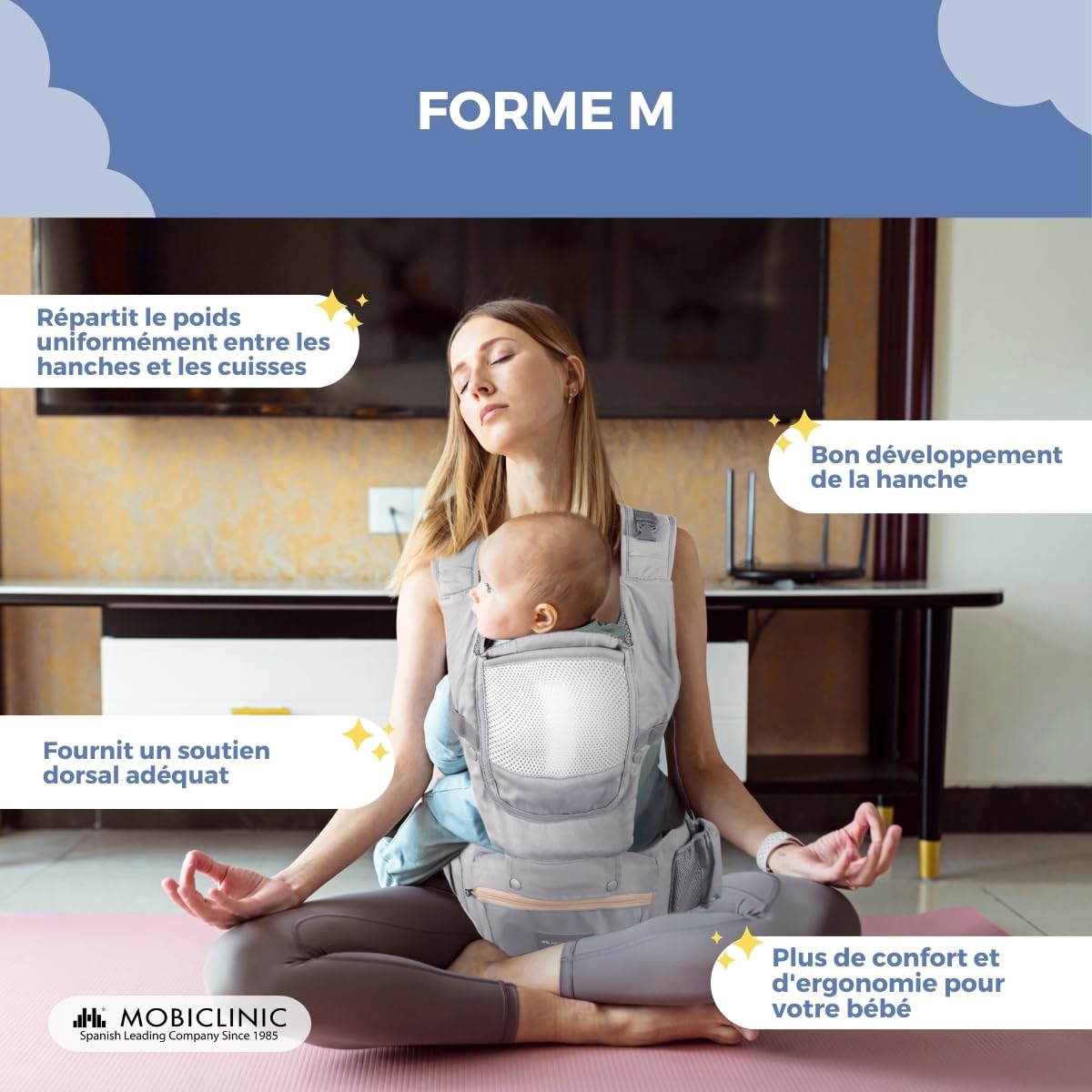 Mobiclinic® kids, Porte-bébé, 6 en 1, Moley, Multiposition, Pliable, Poche zippée, Porte-biberon, Coton premium doux, 0-36 mois, Pour nouveau-nés et enfants (gris)