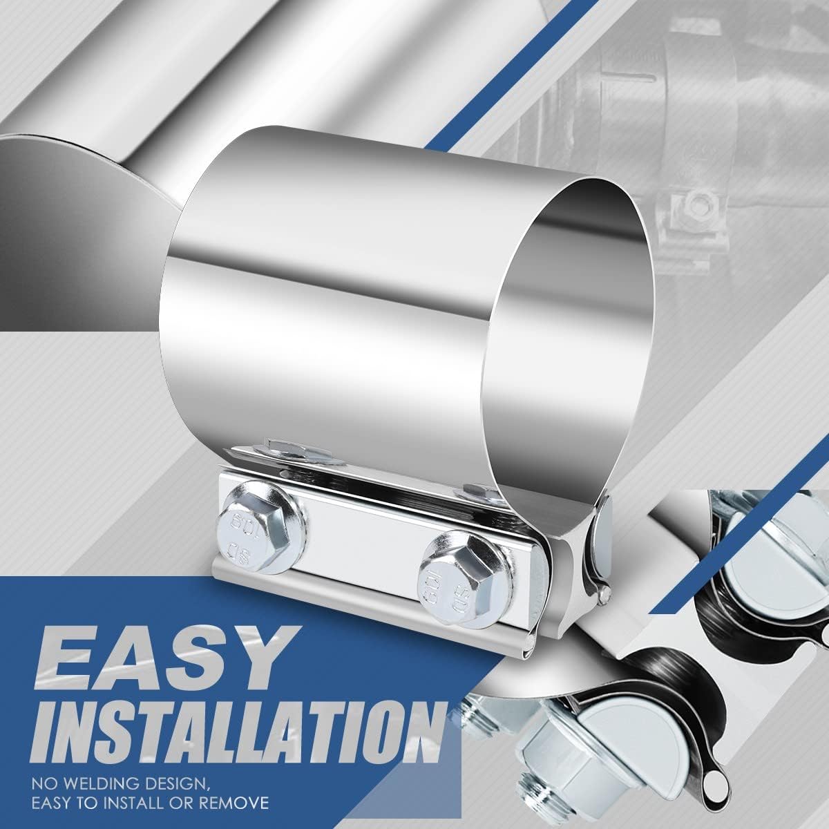 Auto Dynasty 2.5 Inches ID Butt Joint Band Exhaust Muffler Seal Clamp Sleeve, Universal Use for 2.5" Outer Diameter Pipe, Stainless Steel (Pack of 10)