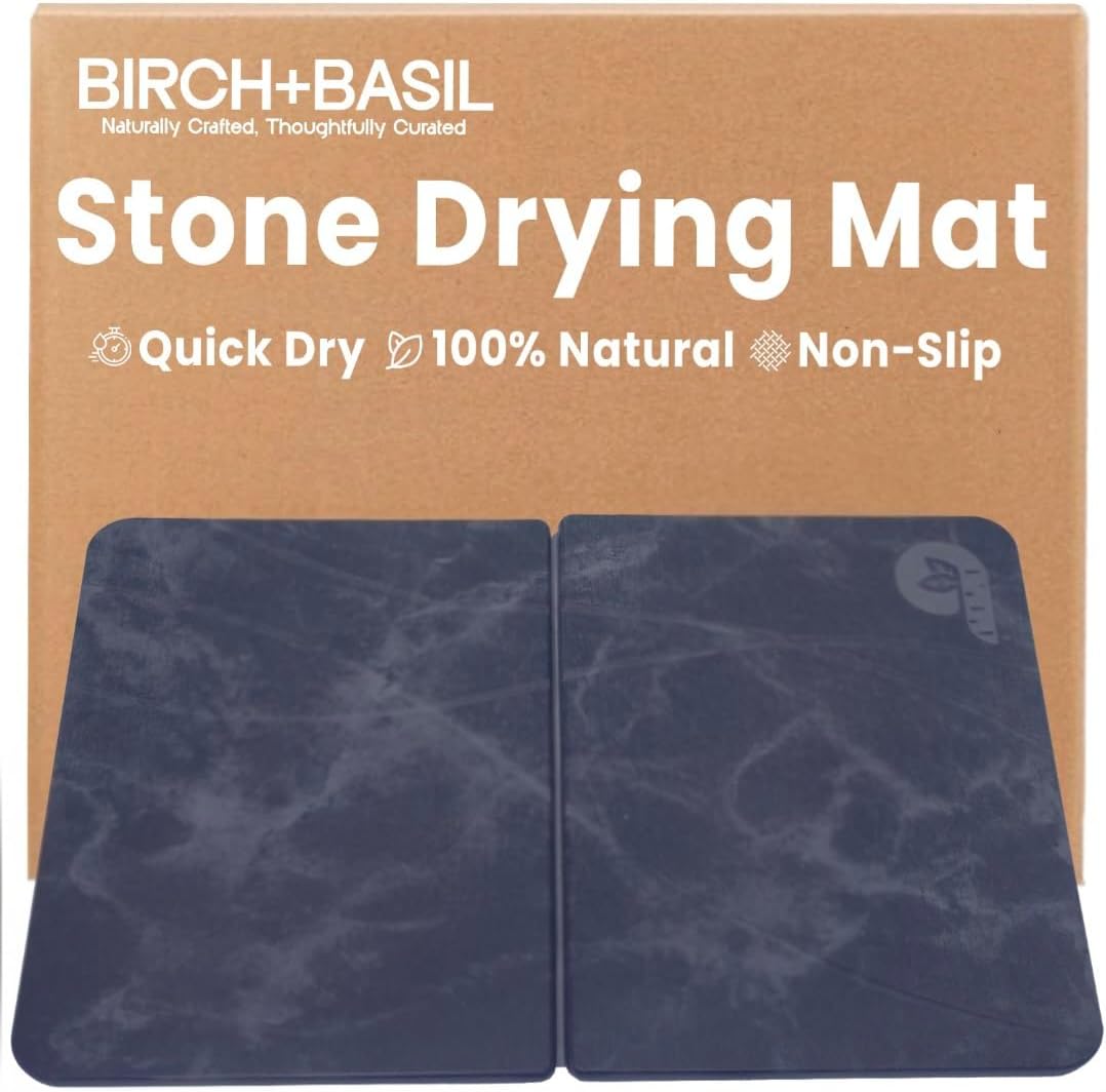 Birch Basil Stone Rrying Mat for Kitchen Counter – Foldable Diatomaceous Earth Mat, Quick Drying Collapsible Dish Mat for Dishes and Utensils, 15.7" x 23.6", Black