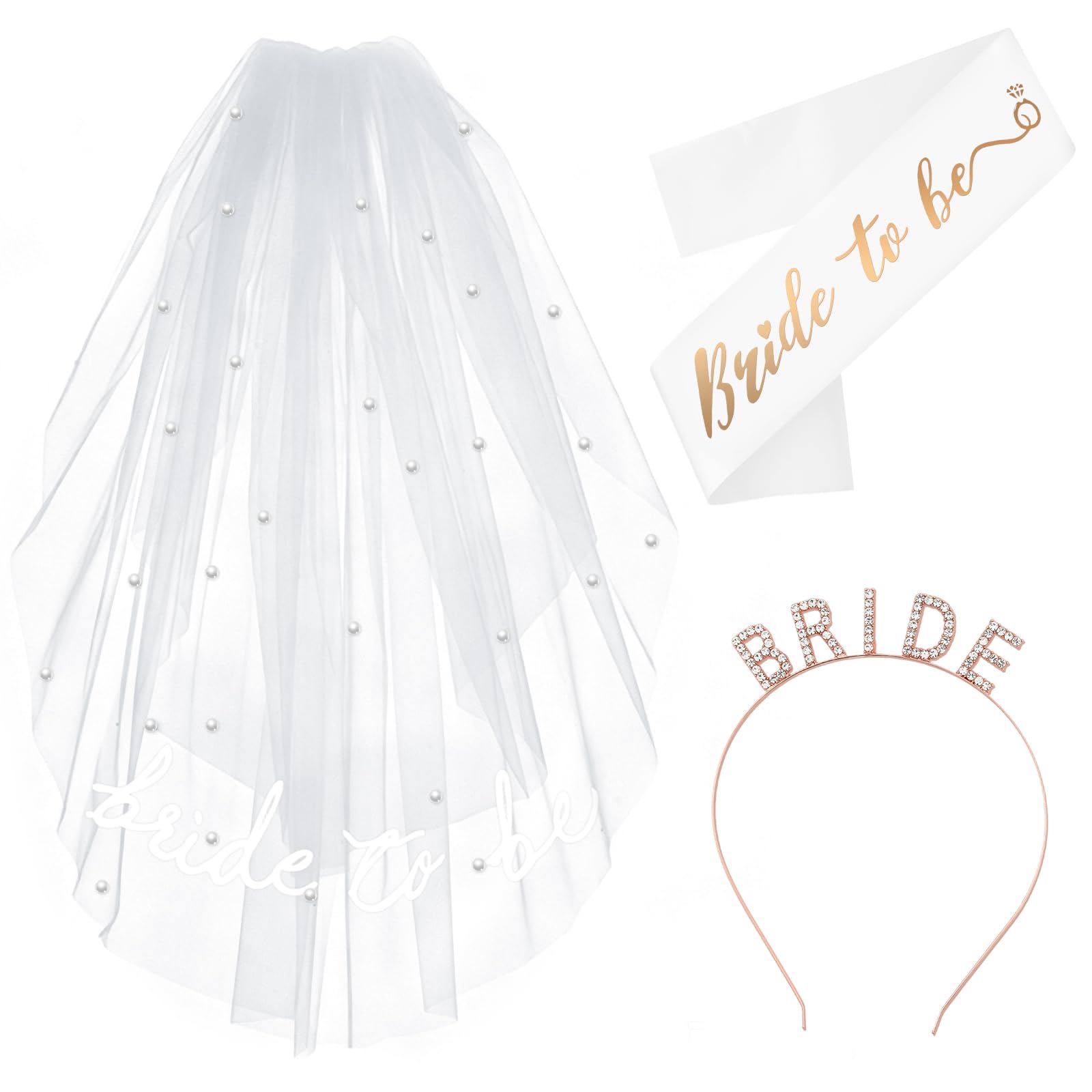 Bride to Be Sash and Bride Veil with Tiara, Hen Party Veil with Pearls Bachelorette Party Accessories,Hen Do Veil Bridal Shower Decorations, Engagement Gifts for Bride
