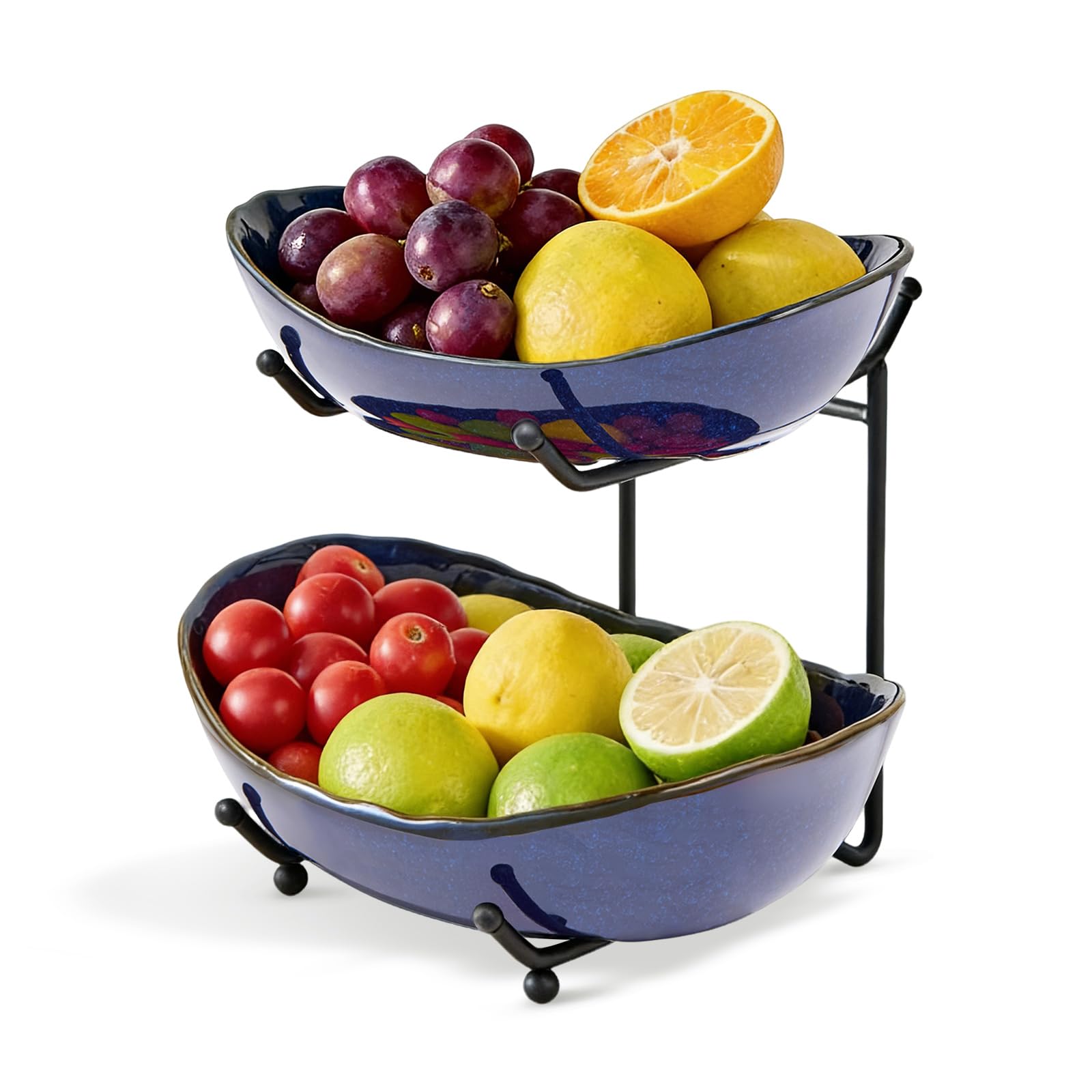 DUJUST 2 Tier Fruit Bowl, Kiln Altered Glaze Ceramic Fruit Stand, Stackable & Easy to Store, Multifunctional Serving Tray for Fruit/Vegetables/Snacks, Microwave & Dishwasher Safe - Dark Blue — image 1