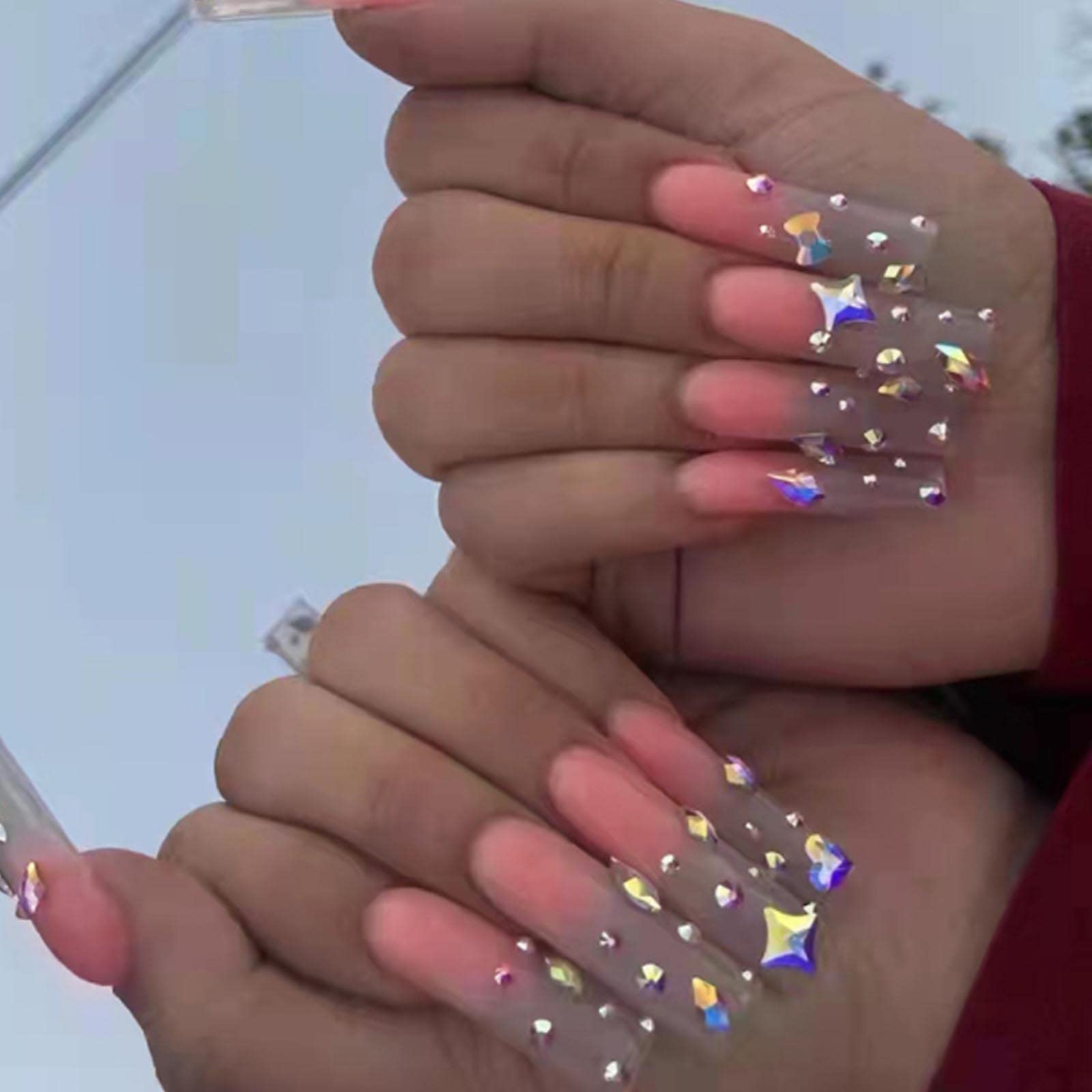 Kamize Ballerina Long Press on Nails Gradient Fake Nails Pink Tips Coffin Full Cover Luxury False Nails for Women and Girls24PCS