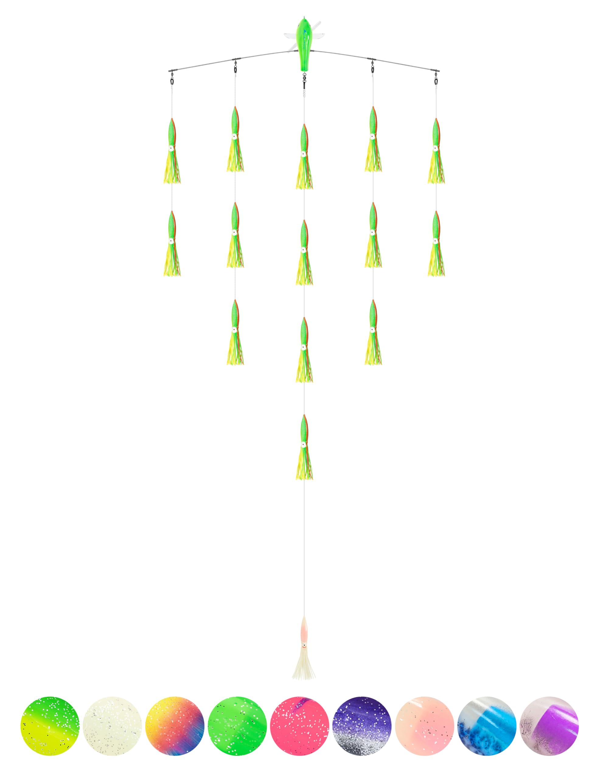 BLUEWING 36" Upgraded Fishing Spreader Bar Starboard Walker Offshore Trolling Spreader Bar with 6" Bulb Squids and 316 Stainless Steel Rod for Wahoo Tuna Marlin Mahi Mahi, Yellow/Green