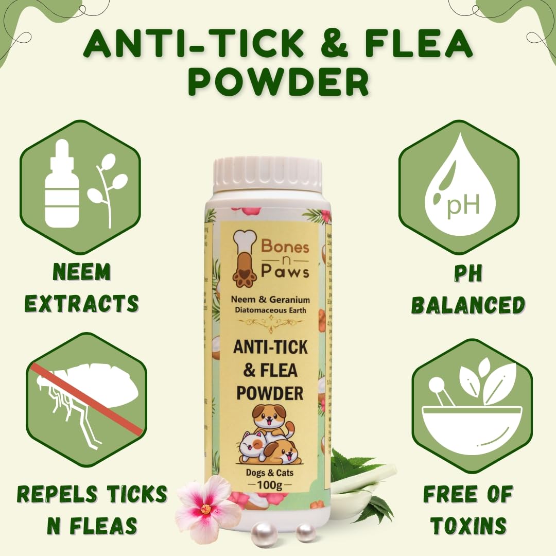 BONES N PAWS Anti-Tick & Flea Powder 100 G for Dogs & Cats | with Diatomaceous Earth, Neem, Geranium & Essential Oils | Kills Lice, Flea Eggs, Bacteria | Puppy Safe ,Anti-Fungal, Antibacterial. 3
