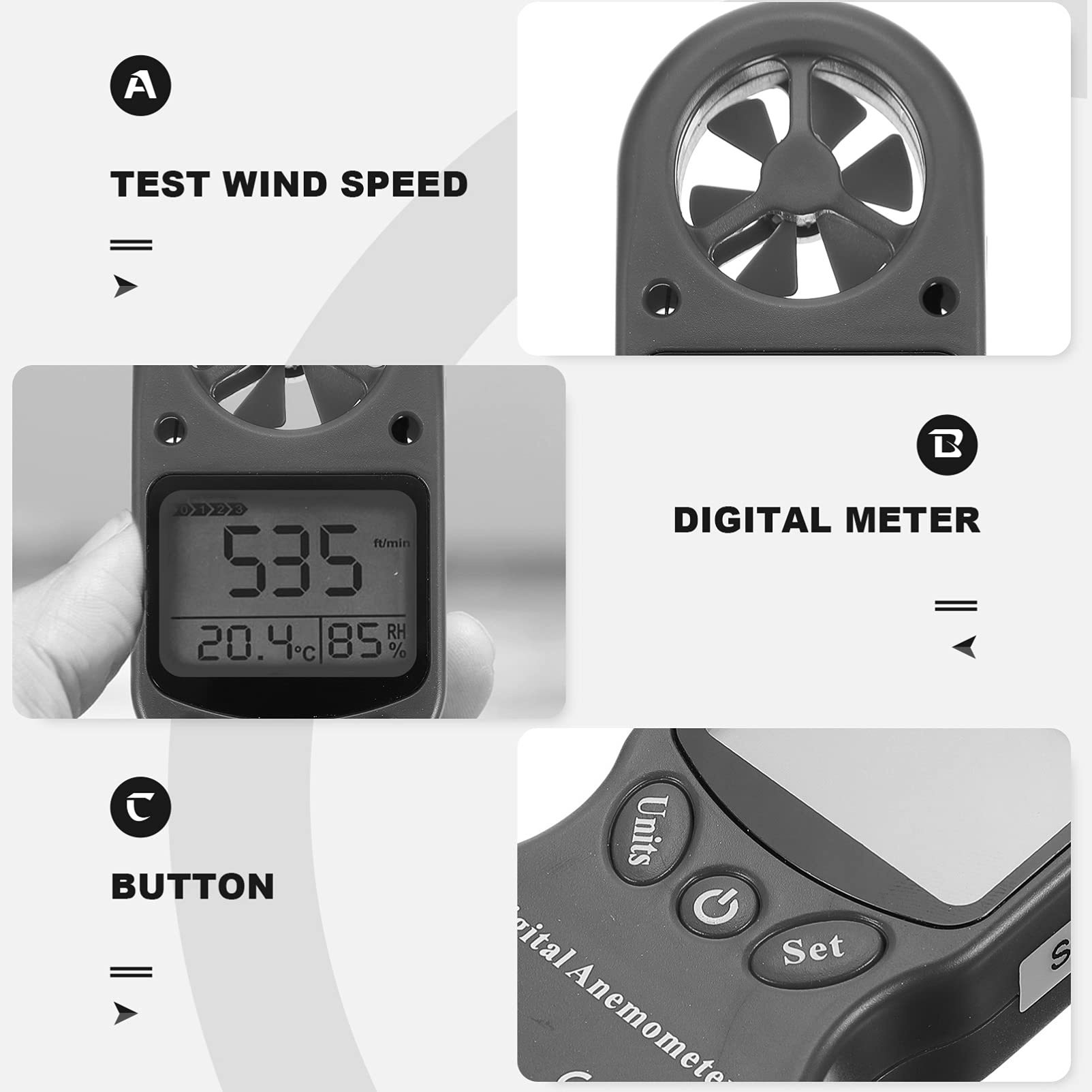 GLEAVI Higrotermógrafo Digital Portátil con Medición de Velocidad del Viento, Resistente Plástico Negro y Bolsa de Almacenamiento para Industria Aeronáutica