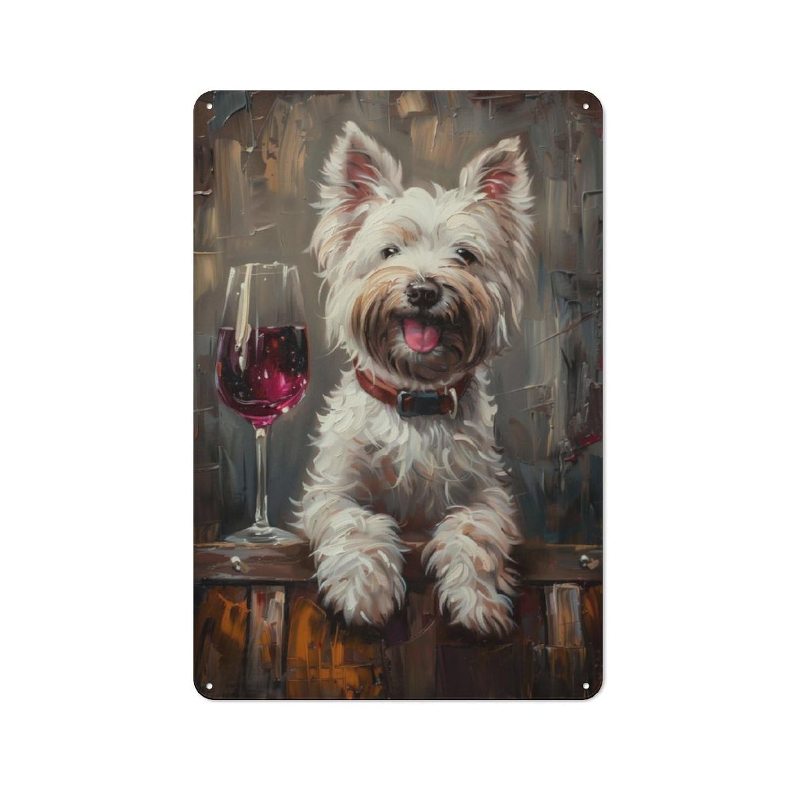 Junmoney Westie Glass Of Red Wine Rustic Tin Wall Plaque 30X20cm For Guest Room Or Hallway, For Garage, Workshop And Man Cave Decoration