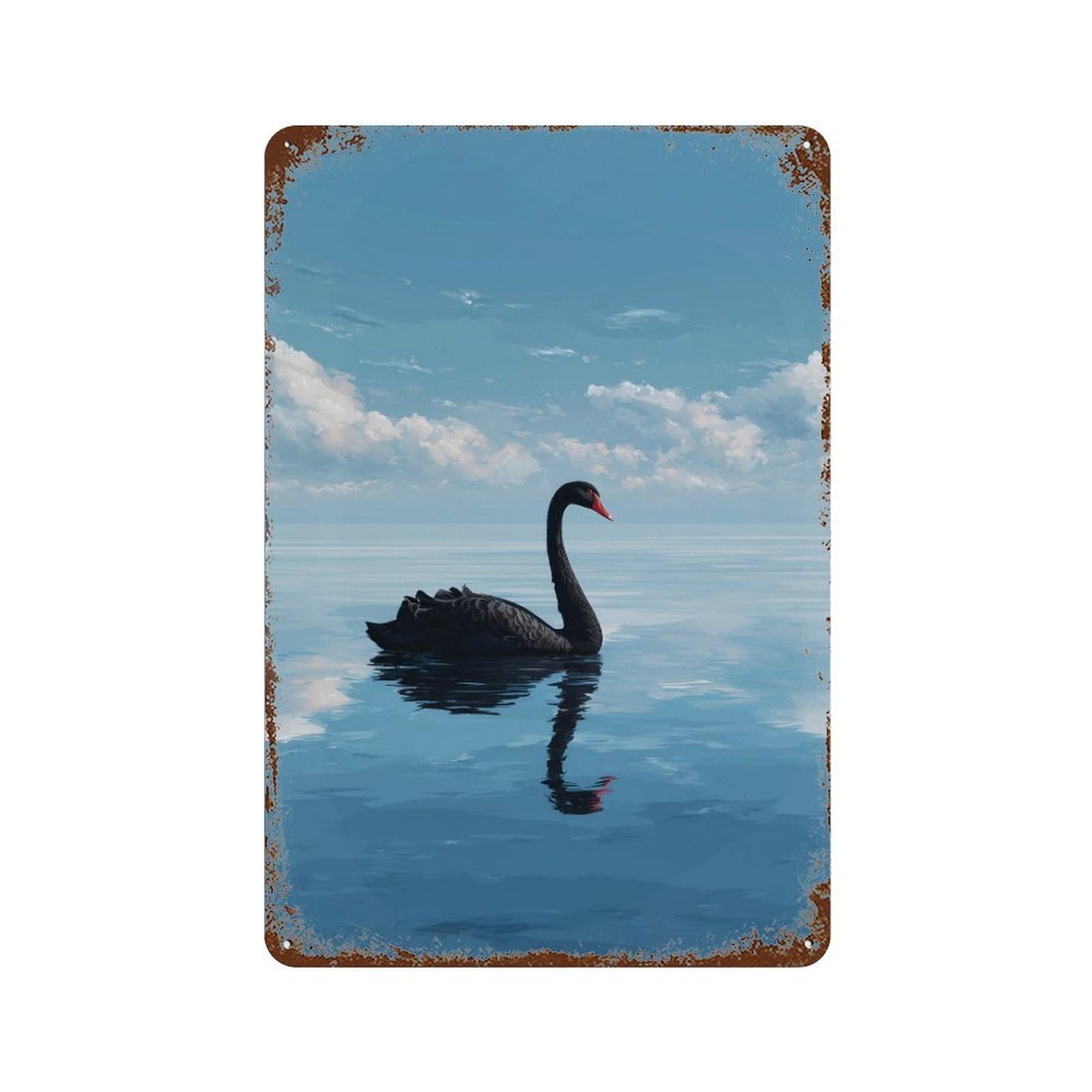 Black Swan on Calm Water 11.8"x7.9" Aged Metal Wall Plaque, Vintage Wall Decor for Bistro, Counter And Cafe Decor