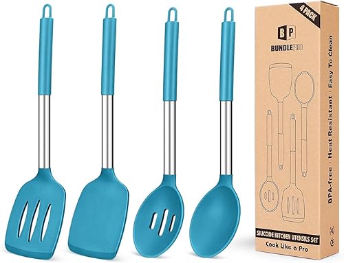 Pack of 4 Silicone Cooking Utensils Set, Non Stick Large Solid Spatulas, Heat Resistant Blue Slotted Spoons, Ideal BPA Free Kitchen Turners for Azul