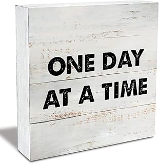 Rustic Motivational One Day at A Time Encouragement Recovery Gift Wood Box Sign Rustic Wood Plaque Farmhouse Block Sign Rustic Home Decor Office Tabletop Desk Gift for Women Men 5x5 Inches