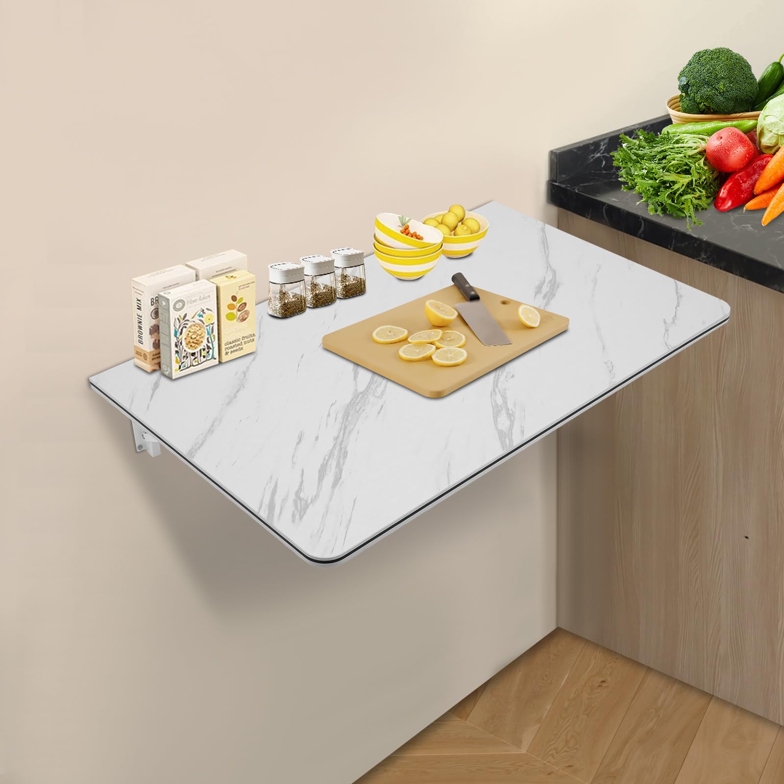 Tavolo pieghevole da parete 80x50cm bianco, struttura MDF e metallo con collegamento pop-up, salvaspazio per ufficio, casa e studio