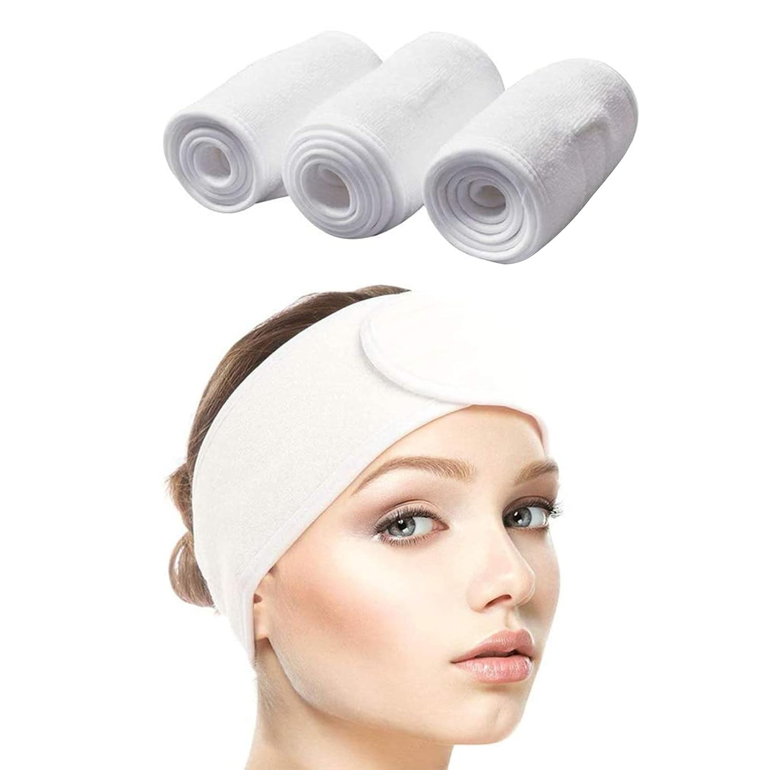 Queta Haarband für Make Up, Kosmetik Stirnband Frottee, verstellbare Haarschutzband mit Klettverschluss 3pcs (Weiß)