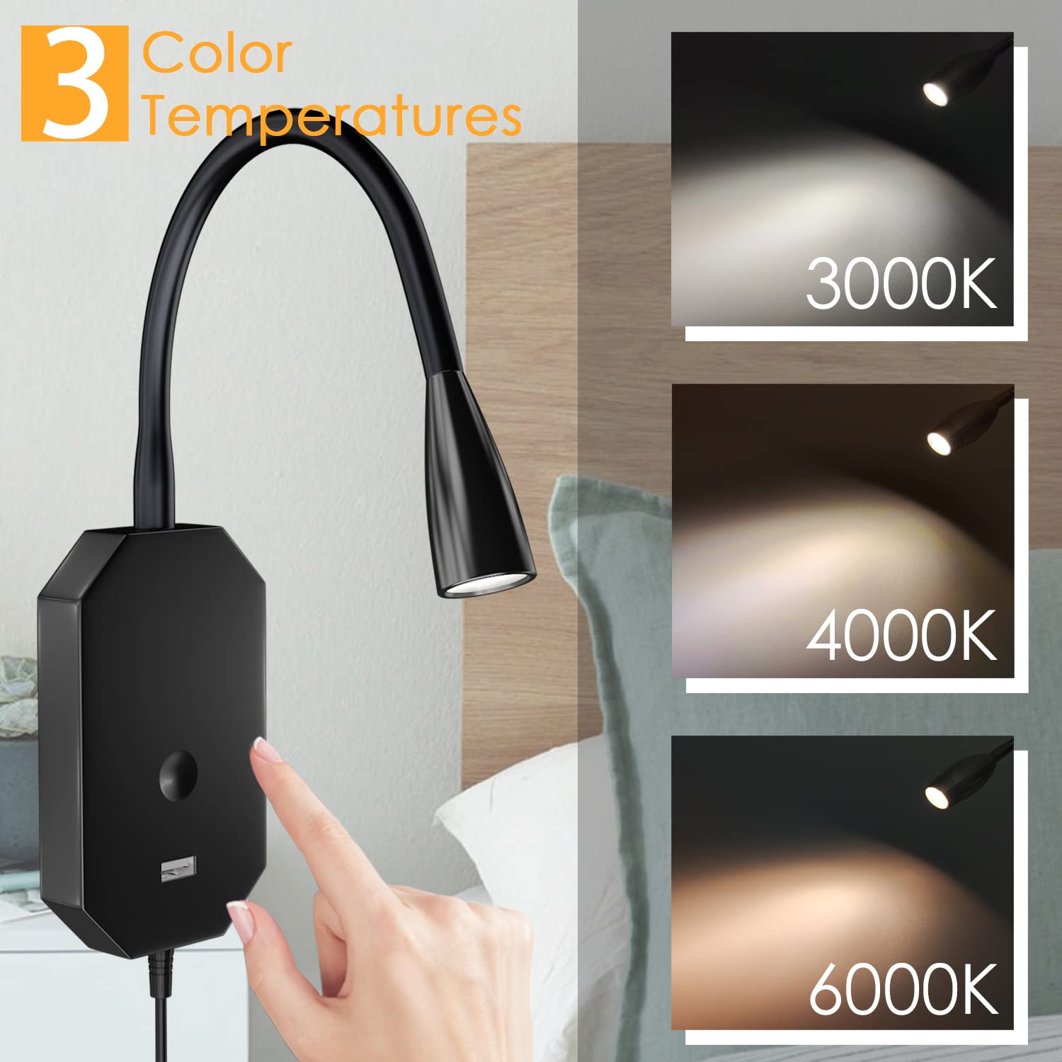 Adust Wall Mounted Reading Light for Bedside Bed Headboard, Touch Dimmable, 3 Color Temperature with USB Port, Gooseneck, Plug-in & No-Drilling Attach, 3000k, 4000k,6000k