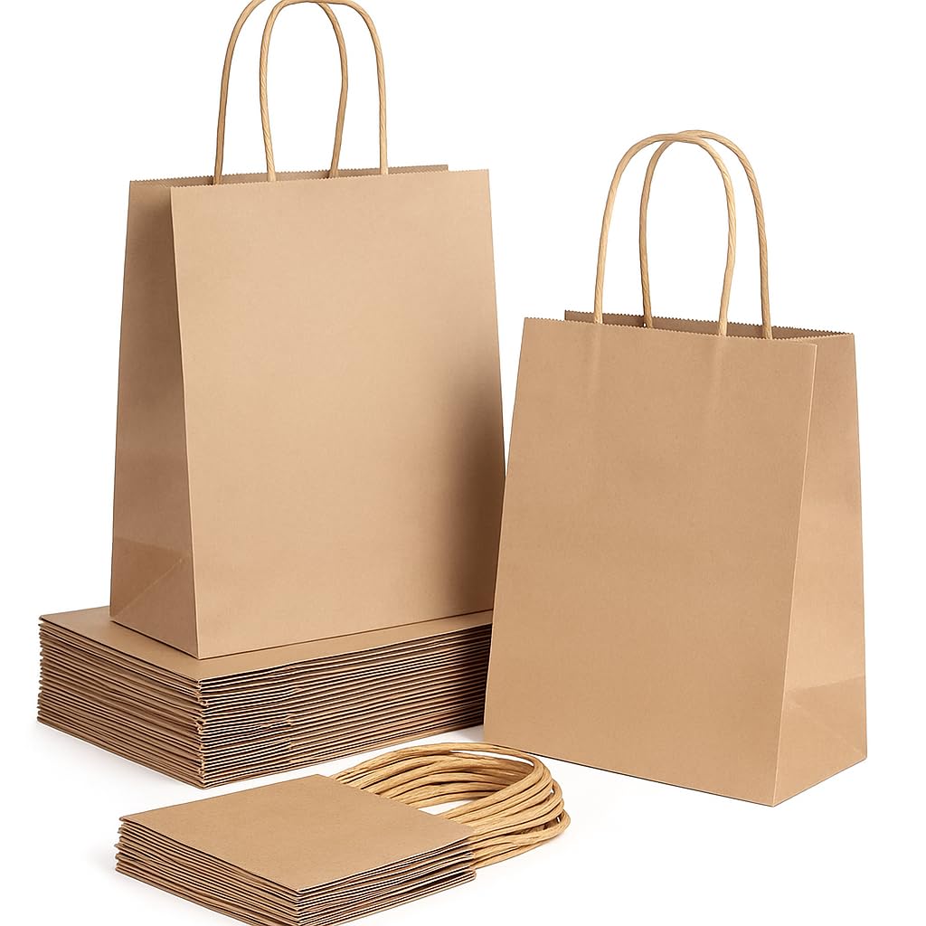 Pack de 50 Bolsas Personalizadas de papel kraft con asas, grandes, medianas y pequeñas. Bolsas para comercios de papel biodegradable, reutilizables ideales para tiendas. (MARRÓN, 32x40 CM GRANDE)