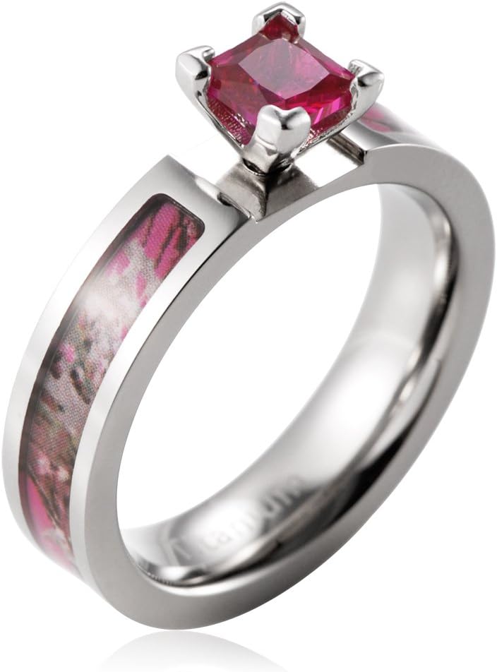 Women's 5mm Titanium Pink Tree Camo Ring with Prong Setting Red Princess Cutting CZ Stone