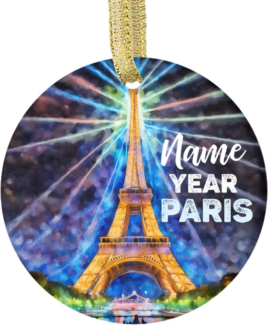 Custom Double Sided Ceramic Christmas Ornament Eiffel Tower Light Show Paris France Travel Destination Souvenir Keepsake Unique Gift Christmas Holiday Accessory Xmas Ornaments Personalized